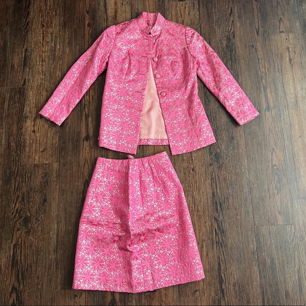 Vintage Pink and Silver Metallic Brocade High Waisted Skirt and Blazer Set
